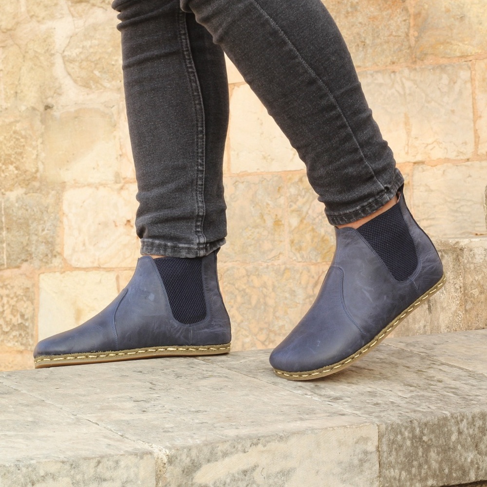 Chelsea Boot Barefoot Shoe Handmade Turkish Leather Navy Blue